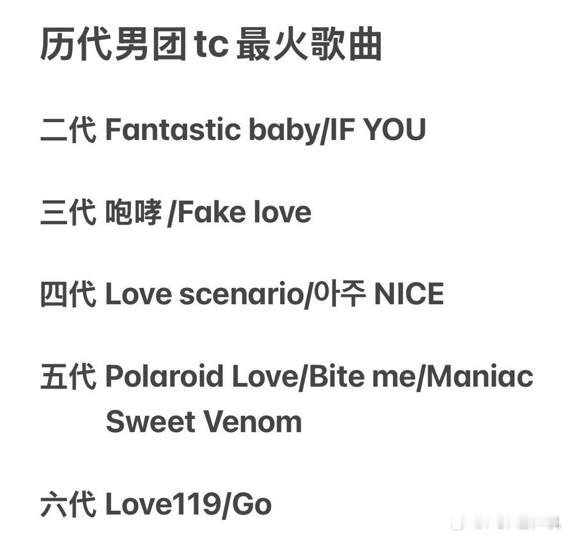 历代男团tc最火歌曲 
