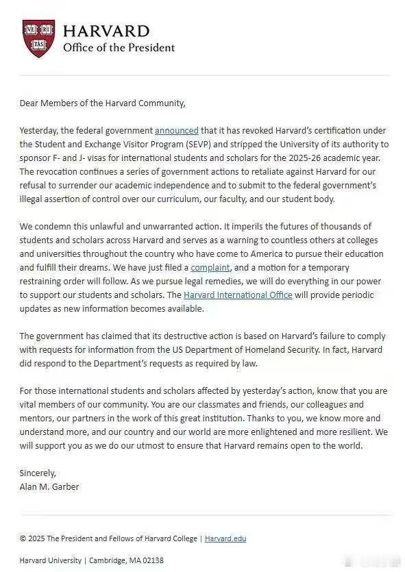 哈佛大学校长发表声明，誓言与川普政府抗争到底。目前，港大，港科大，香港理工大学，