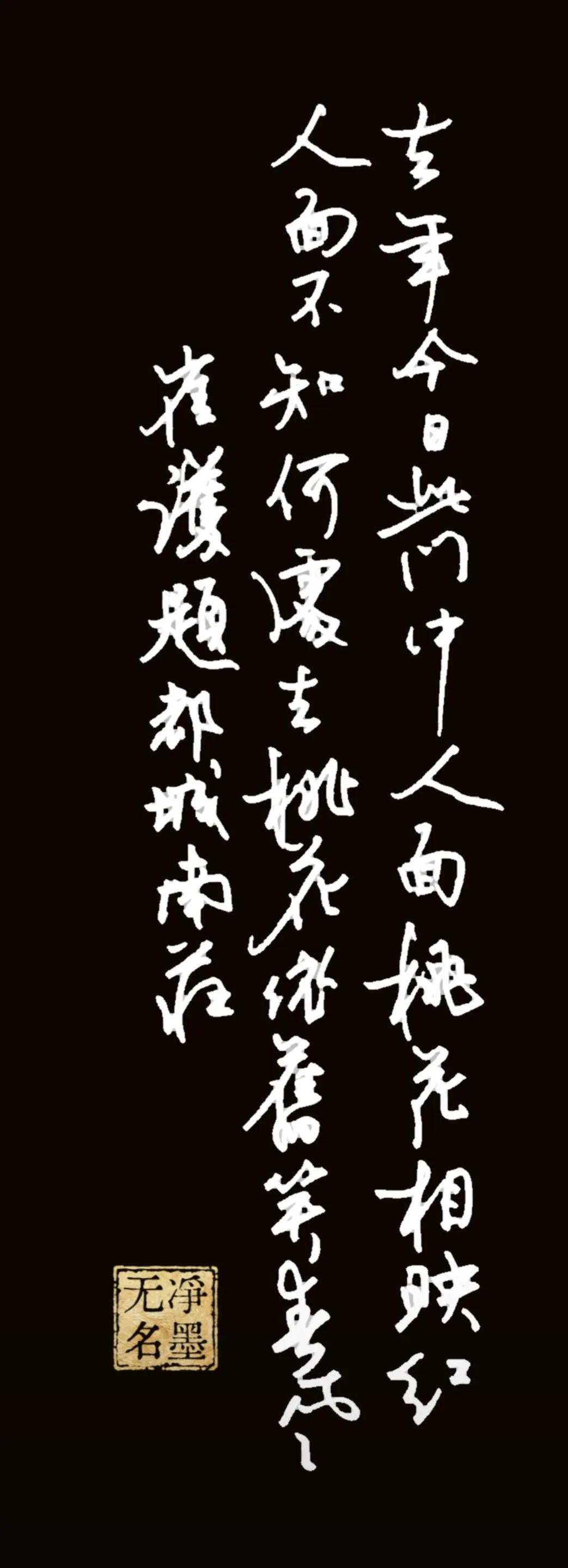 去年今日此门中，人面桃花相映红。
人面不知何处去，桃花依旧笑春风。
——崔护《题