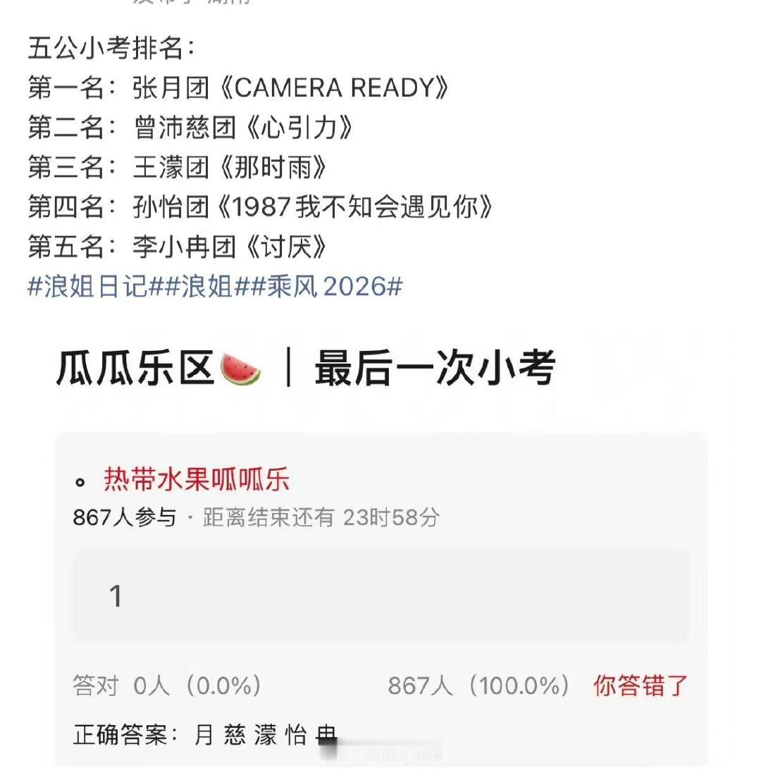 网传五公小考排名 网传浪7五公小考排名 浪姐五公小考排名 