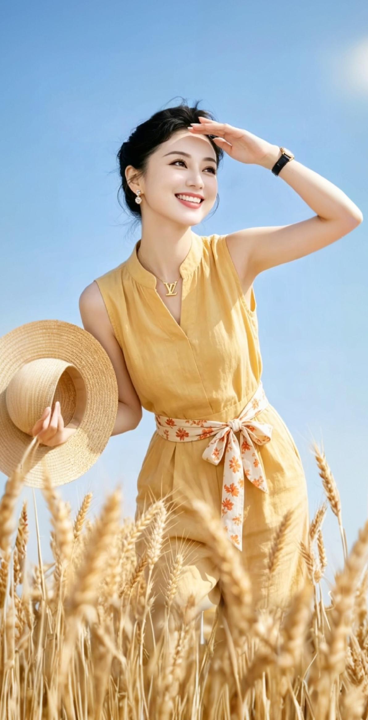 夏日田野，甜美笑容，轻纱飘逸，自然之美。