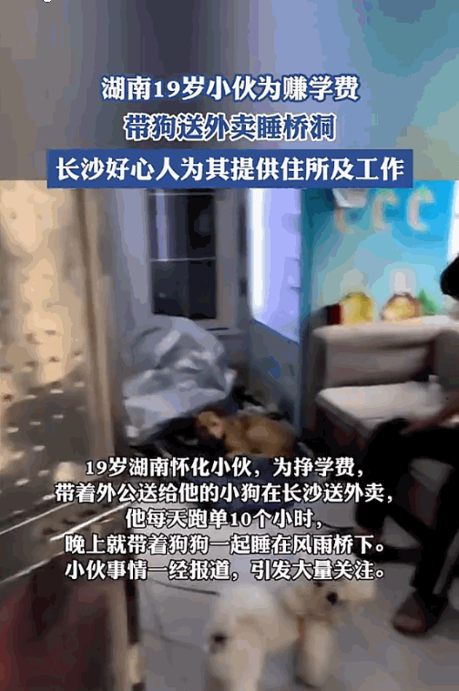 “穷人的孩子早当家”。湖南怀化的小唐想挣个学费，居然要带着一条小狗去风餐露宿地送
