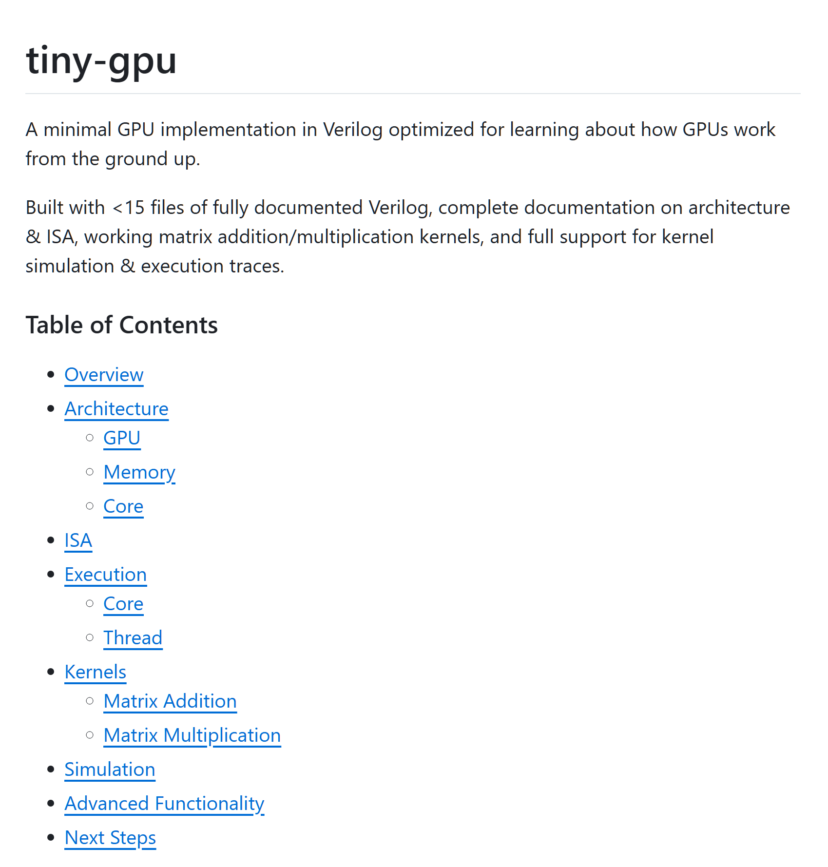 tiny-gpu，一个用 Verilog 实现的极简 GPU 设计项目，帮助学习