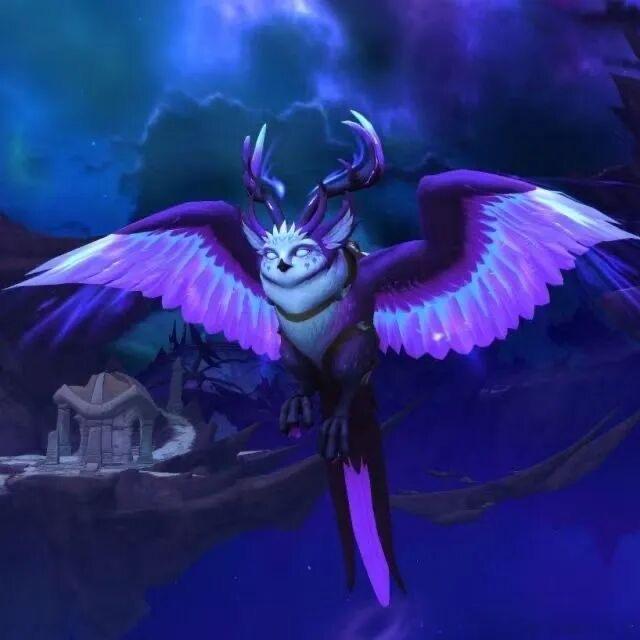 MrGM在魔兽世界至暗之夜A测客户端发现了一个全新的紫焰猫头鹰模型，感觉比红焰好