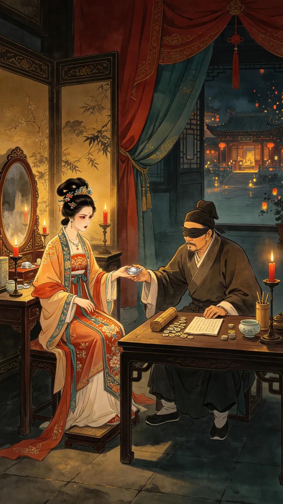 潘金莲嫁了西门庆虽受其虐待，但也“富”了起来，倒是真的。
你看潘金莲请来了算命先