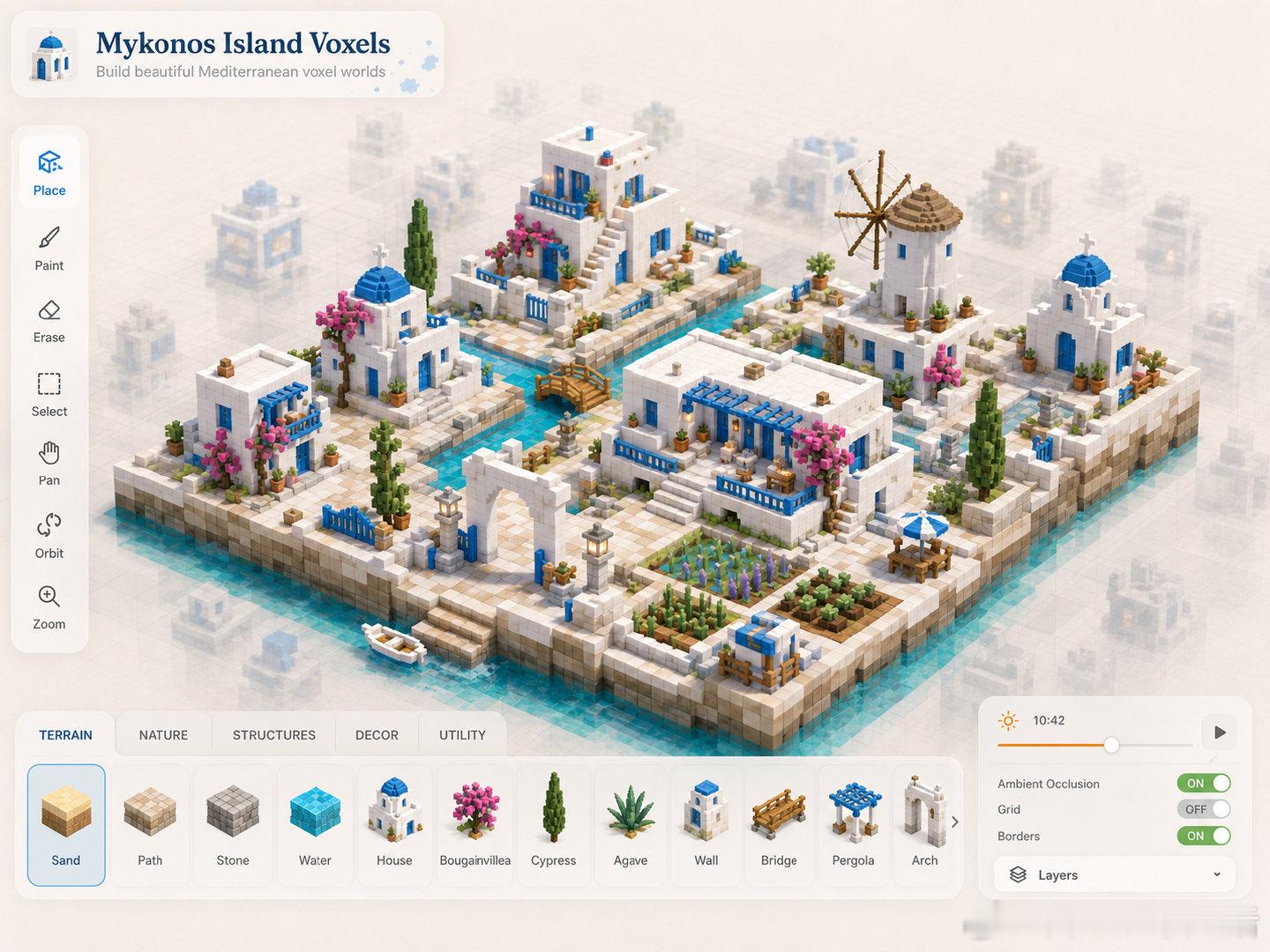 Mykonos Island Voxels  一款浏览器端的等距小岛建造器，拥有
