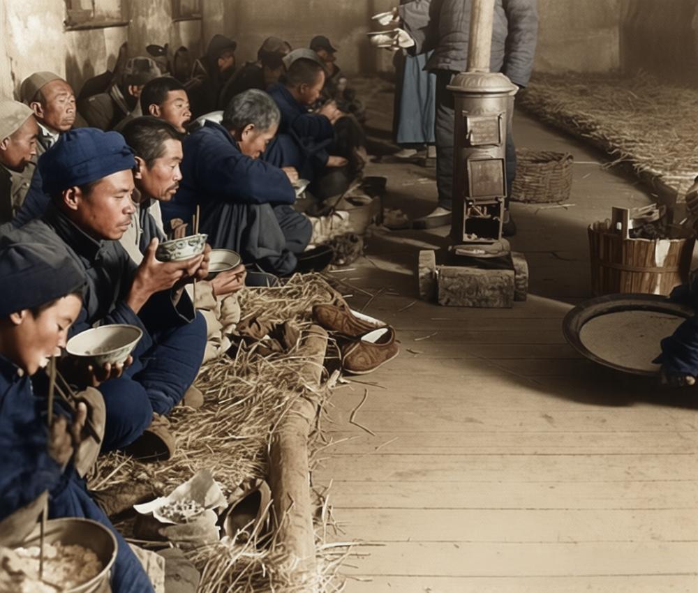 1938年，北平沦陷后，南城贫民收容所里乞丐喝粥，昏暗逼仄的收容所里，土台边缘铺