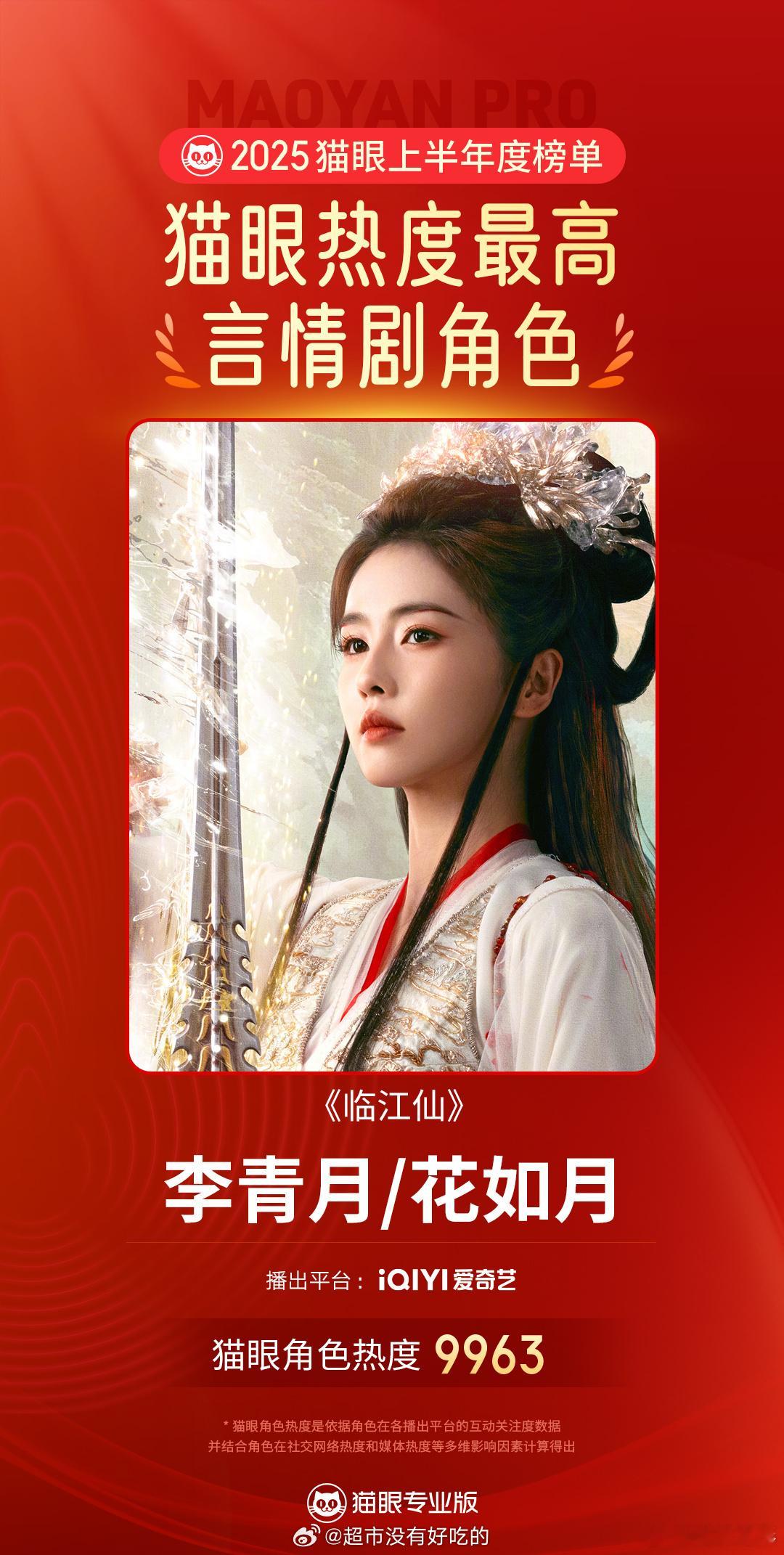 白鹿《临江仙》李青月/花如月上半年最热言情剧角色第一《白月梵星》白烁上半年最热仙