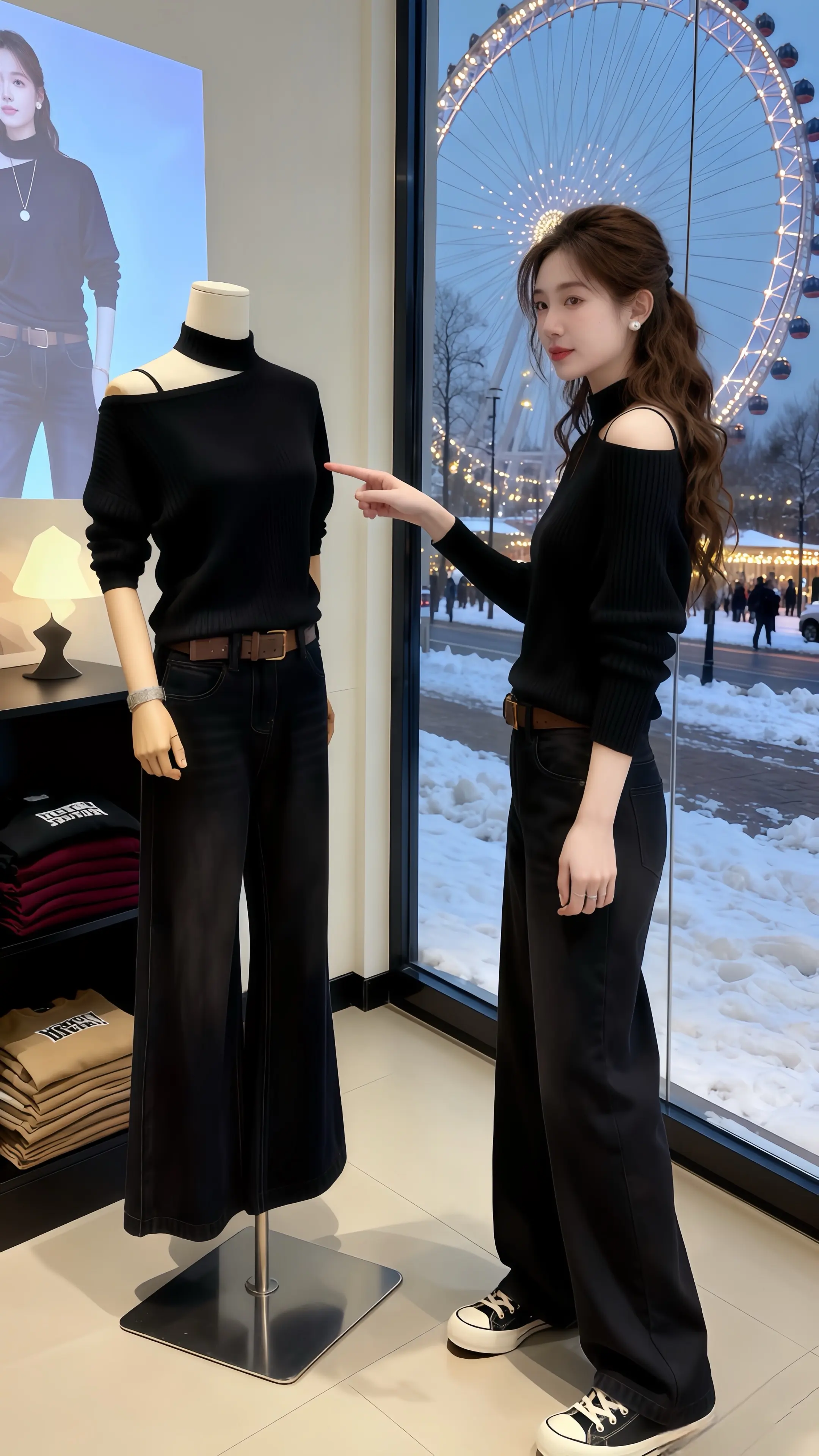 她穿着设计感时尚两件套，斜肩剪裁露肤恰到好处，勾勒出柔美肩颈线条，搭配...