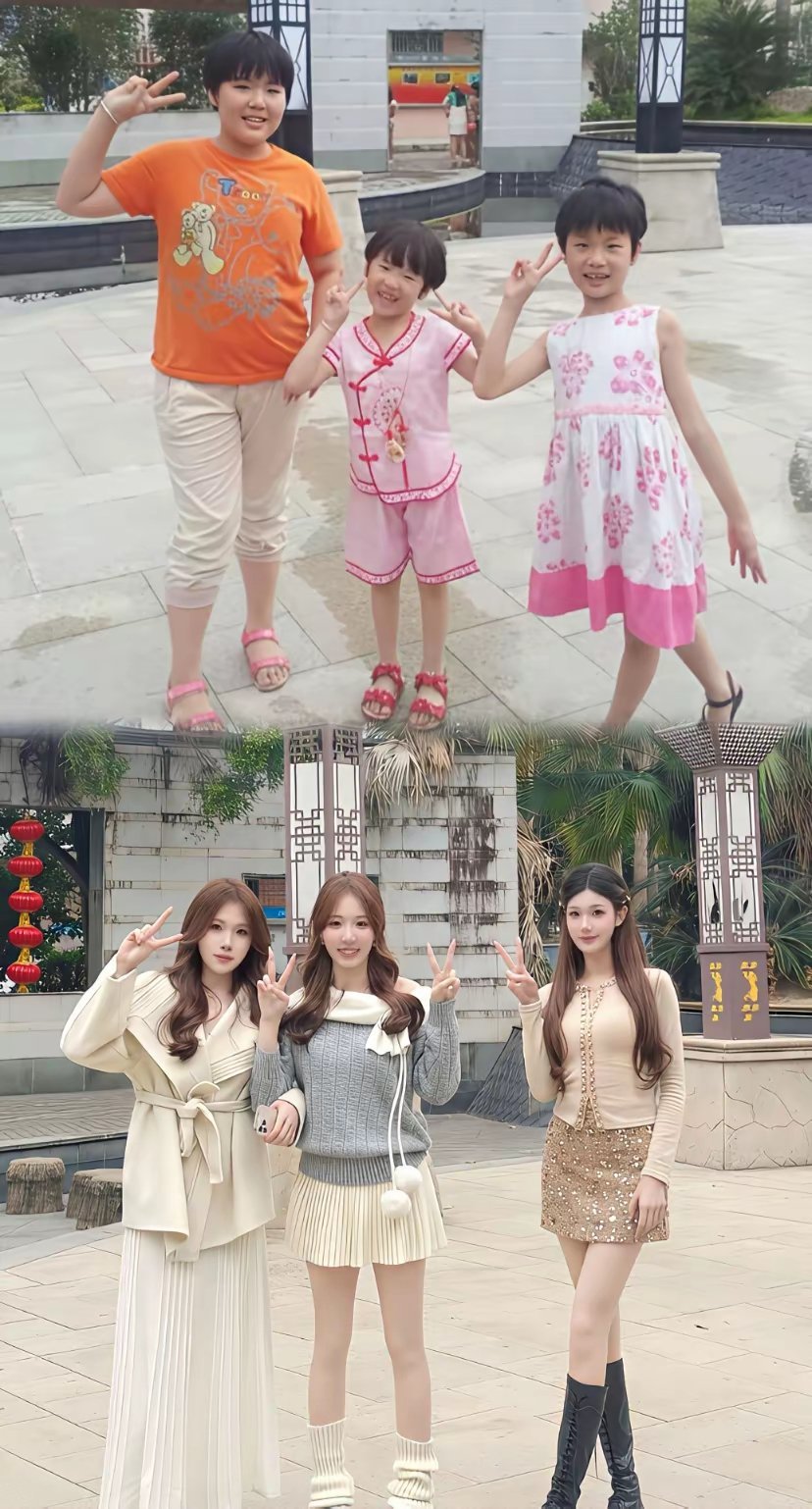 都长大了，知道穿光腿神器了。中间妹子的腿依然是最细的 