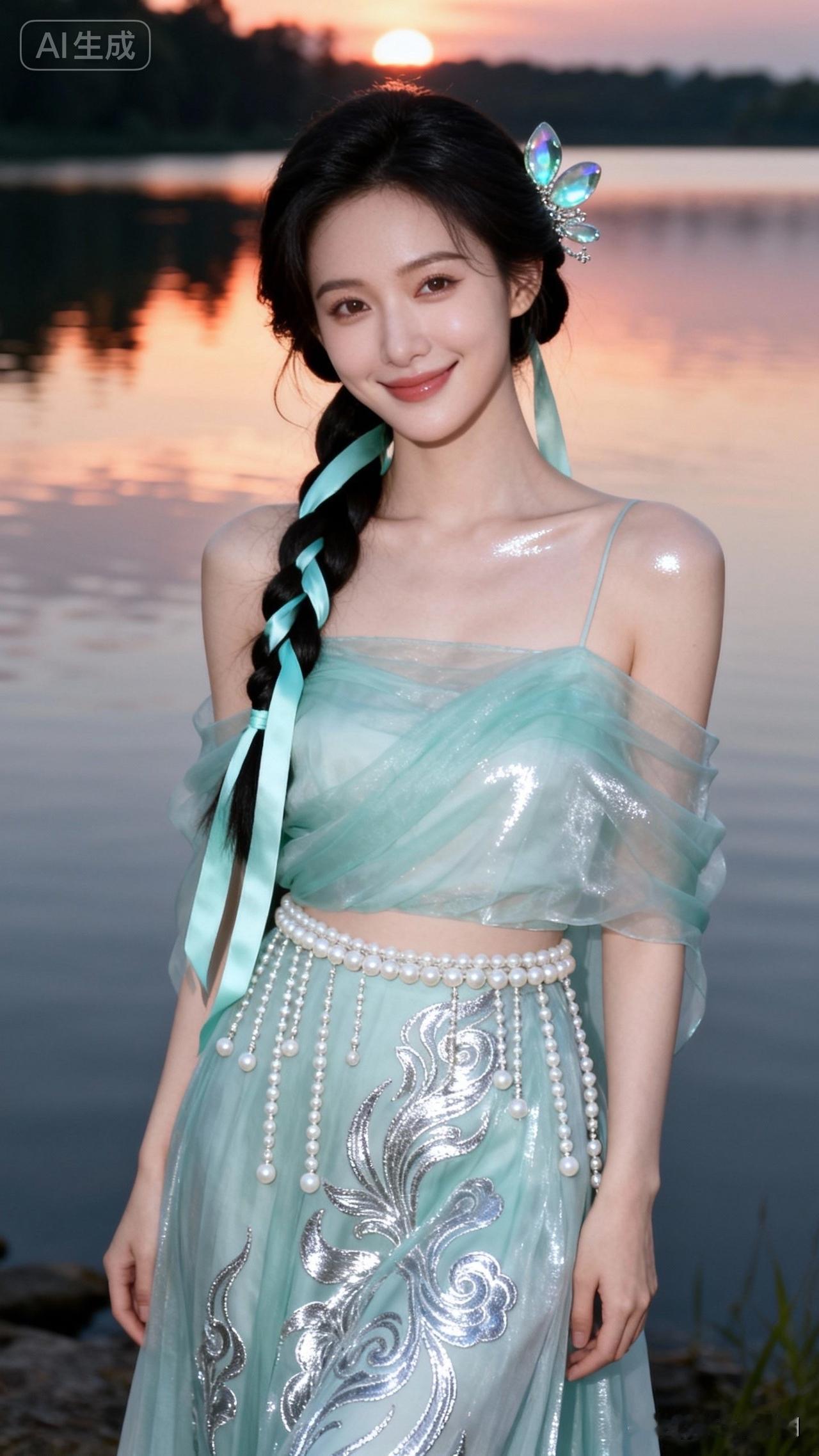 梦幻湖畔少女，落日余晖下的唯美瞬间