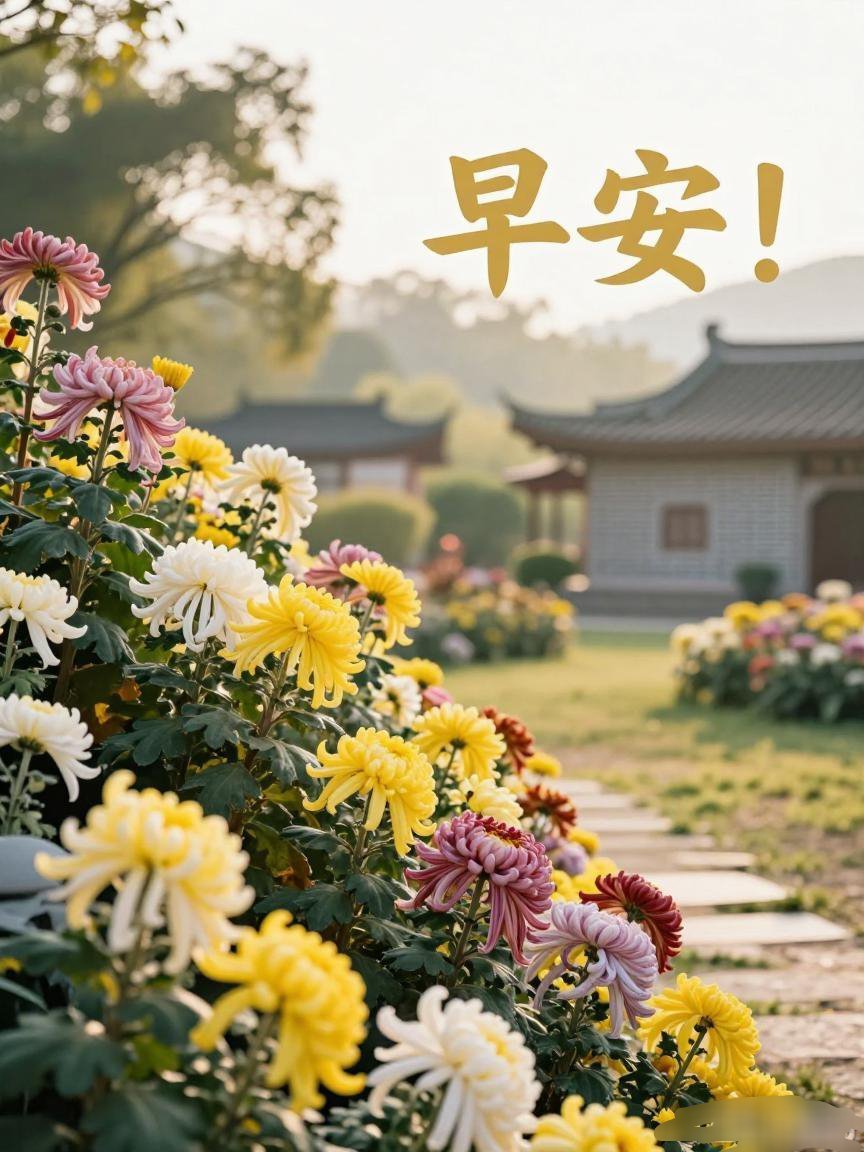 今日早安·追光而行清晨第一缕阳光洒落，福建闽侯民俗园中彩菊迎风盛放，层层花瓣如打