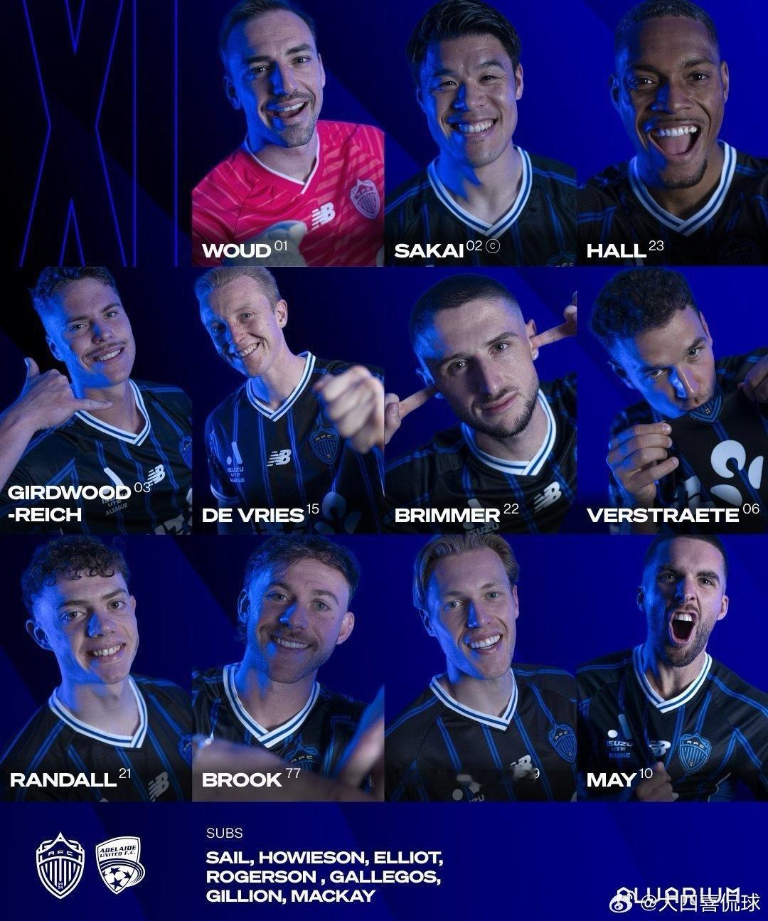 奥克兰vs阿德莱德联首发：酒井宏树PK古德温，梅出战足球 11月01日讯 25/