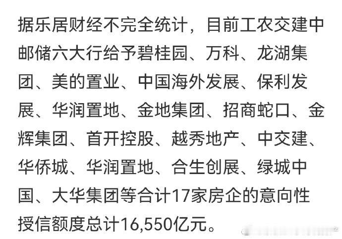 据不完全统计，目前是这17家房企得到了巨额贷款授信。
但是很多人关心的恒大、融创