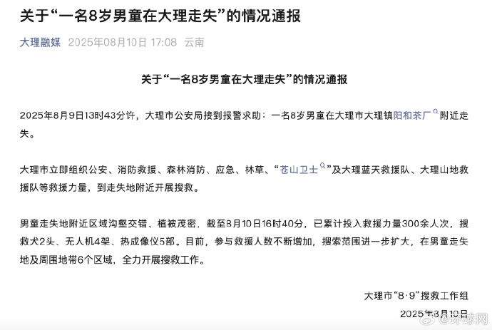 #官方通报搜救在大理走失8岁男童进度#【一名8岁男童在大理走失 当地已投入300