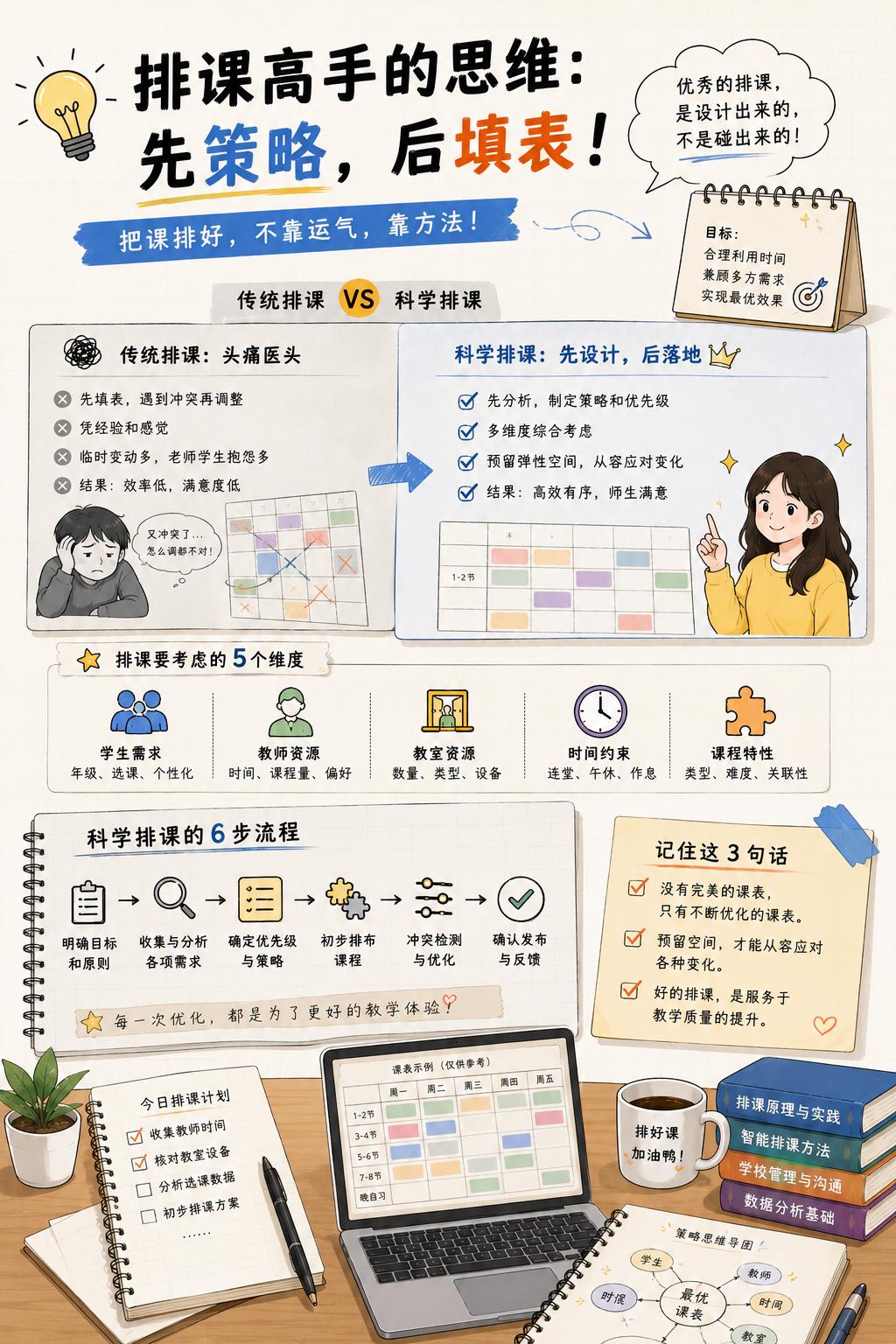 学校教室、教师数量固定，还要兼顾班主任班会、行政开会、学生走班选课、连堂授课等几