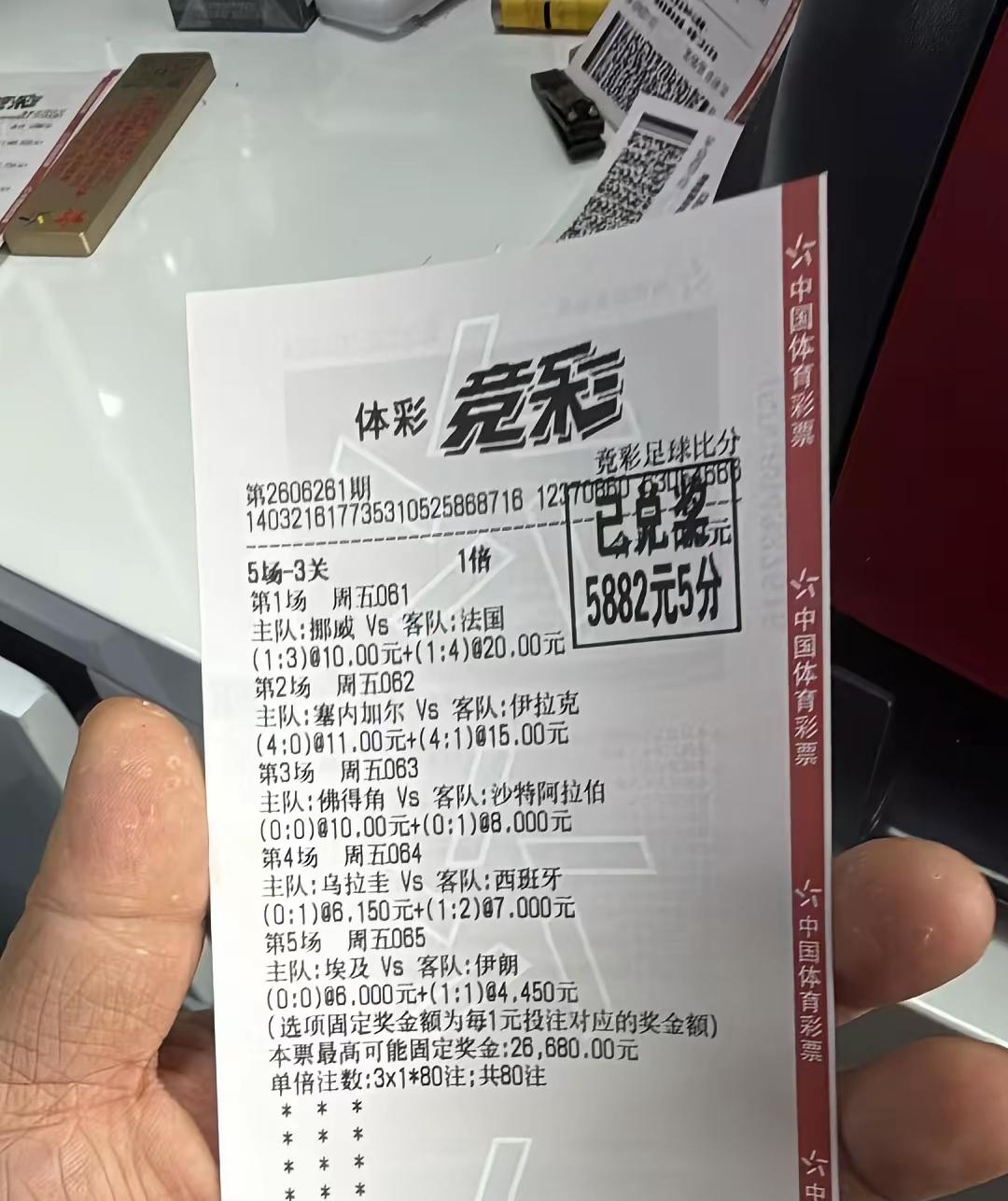 小额投注中5882元！

这张票比较精妙的地方就在于全是比分猜的，不太确定比分究