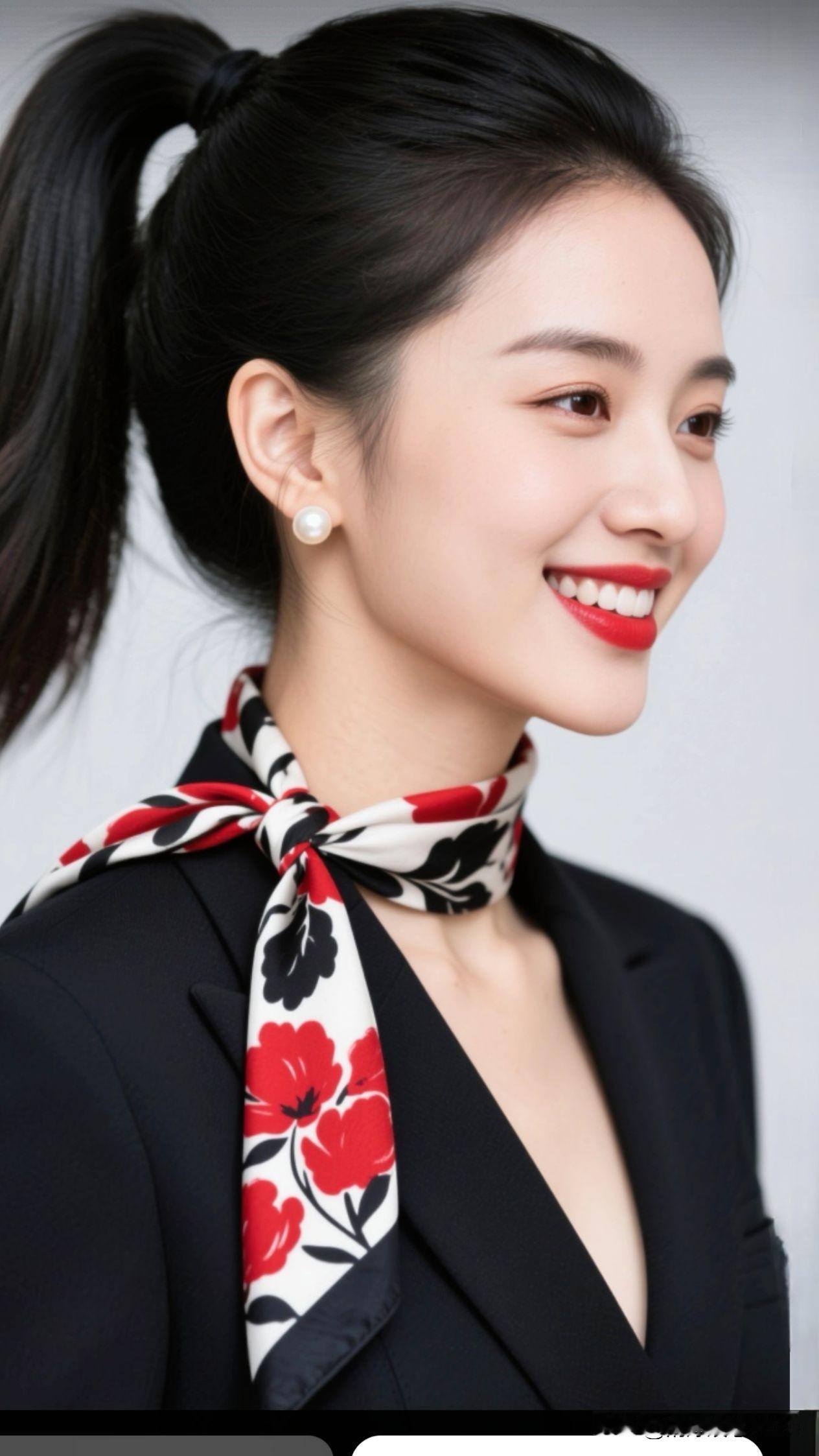 职场为幕，西装是利落的笔，花巾与珍珠是蘸了鲜活的墨，她站在那里，就成了专业与柔美