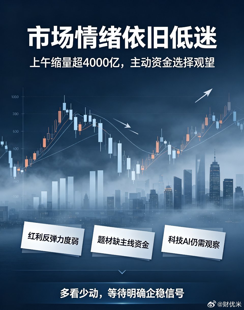 市场情绪持续低迷，上午再度缩量超4000亿，增量资金集体观望，盘面承接偏弱。红利