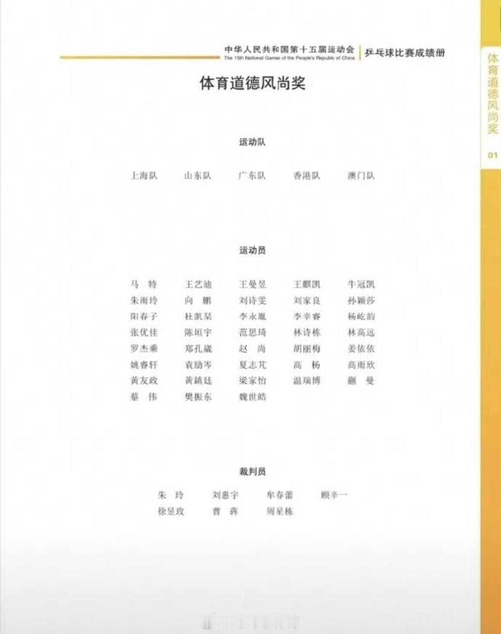 北京时间2025年12月6日，全运会乒乓球体育道德风尚奖正式发布，国乒女队主力孙