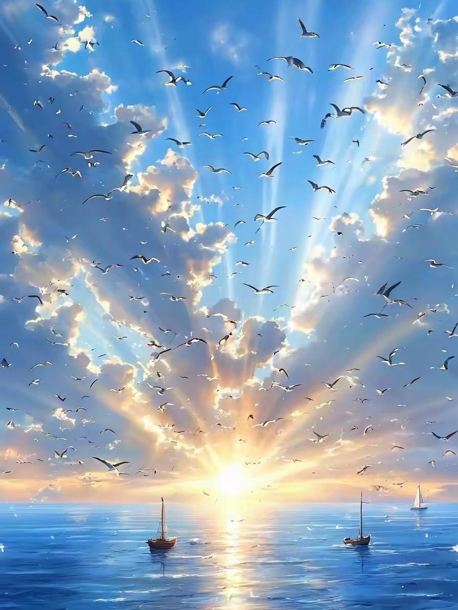 云开一线铺金浪，
女笑三声响半天。
横批：《铺金浪与响半天》