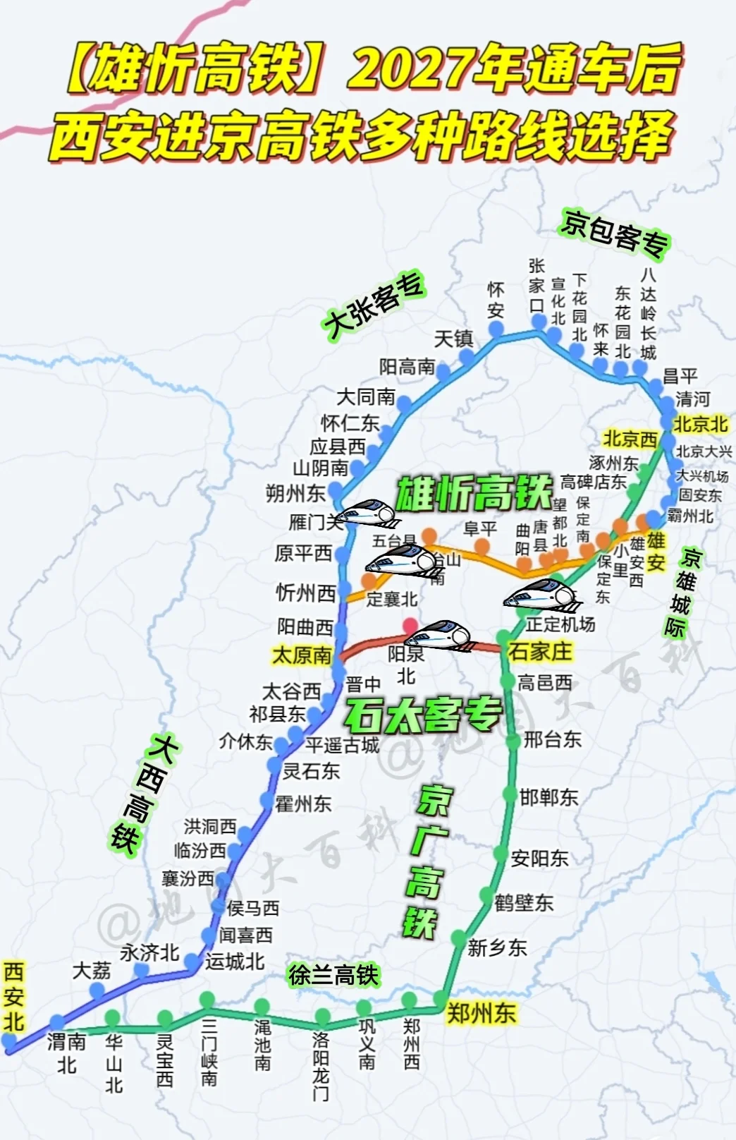 雄忻高铁预计27年开通，西安进京至少有4条线路供沿途城市选择。