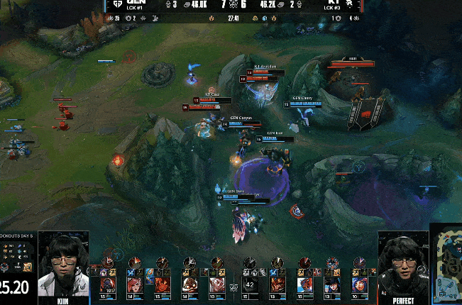 GEN关键集火击杀兰博，随后GEN残局拉扯更优击杀KT四人