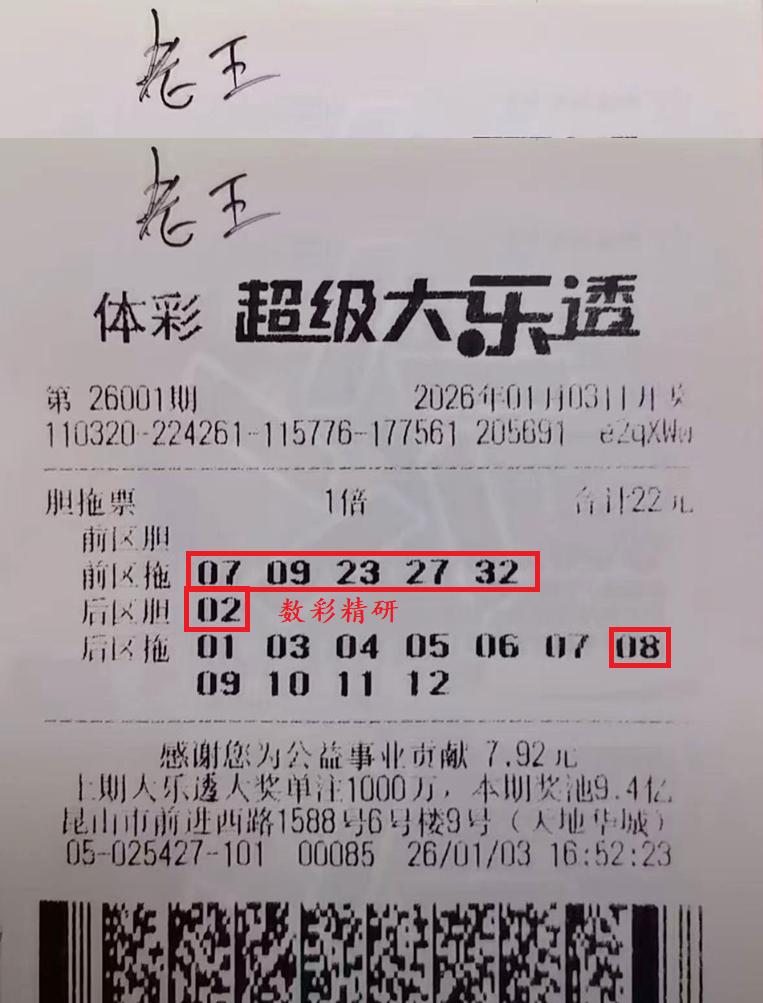 一睹开年鸿运的一等奖彩票长啥样！首期大乐透26001期惊现“天选之票”——江苏昆
