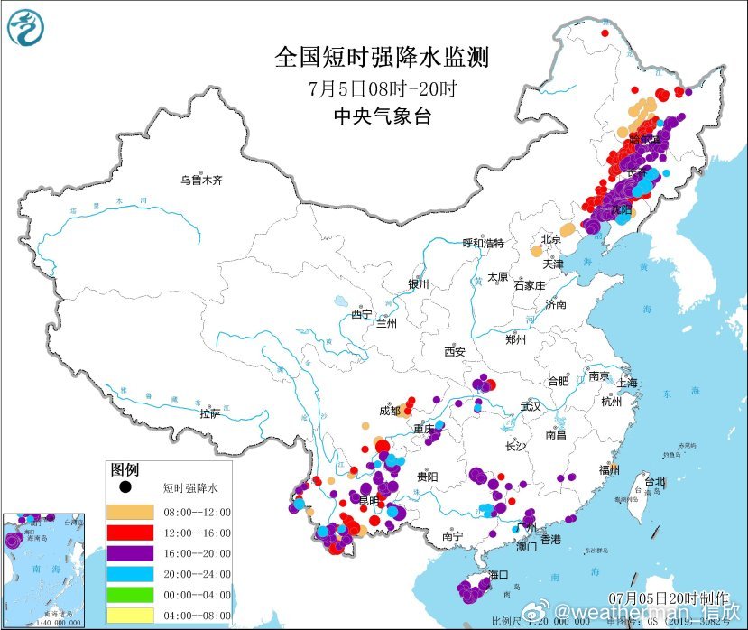 【强对流】今天白天在西南地区以及东北等地出现了短时强降雨，沈阳在傍晚17-18时
