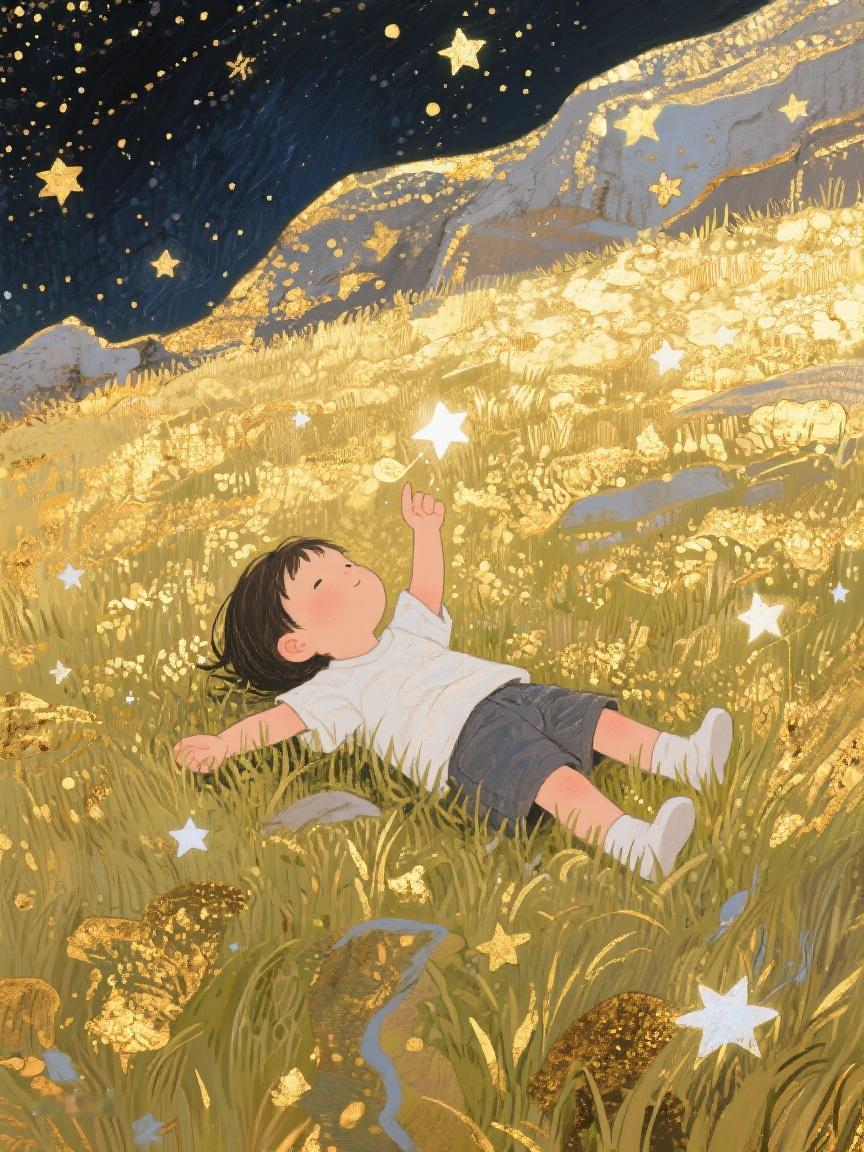 AI妙生图躺在星光弥漫的草甸，思绪如星子般飘荡，这是属于每个人的诗意梦境，自在又