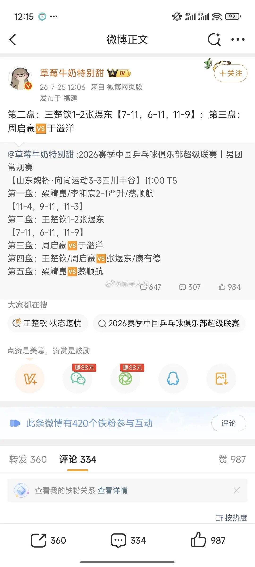 王楚钦又输了 