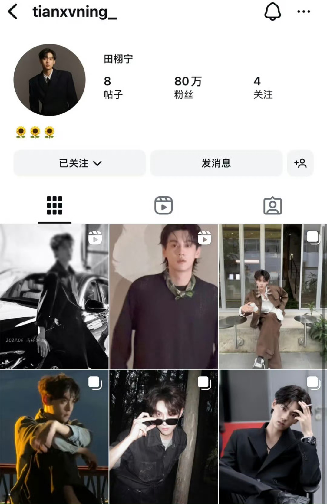 田栩宁ins粉丝 80 万了，微博超 like 即将破 20 万，这人气什么水平
