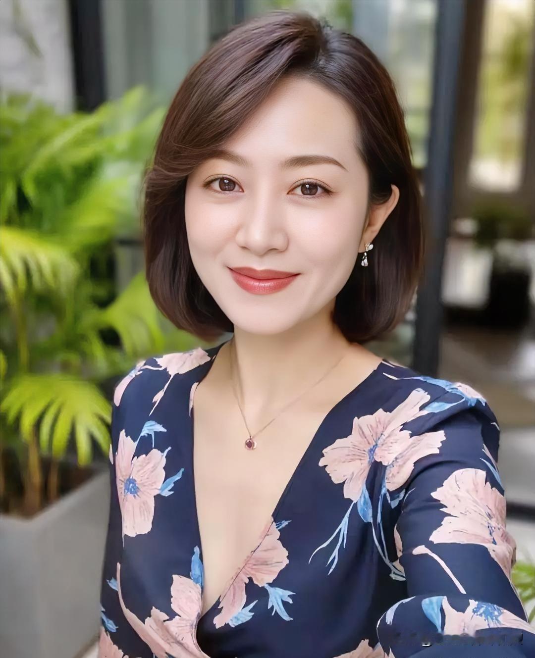 墨底粉花晕染温柔，短发微卷藏巧思。笑靥如春日暖阳，眸光漾着从容雅意，于绿意间，绽
