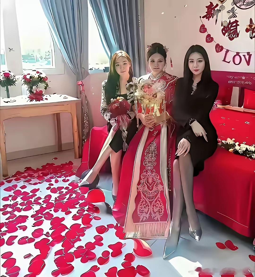 新娘真美丽，
伴娘更秀气。
留念拍下照，
将来作回忆。