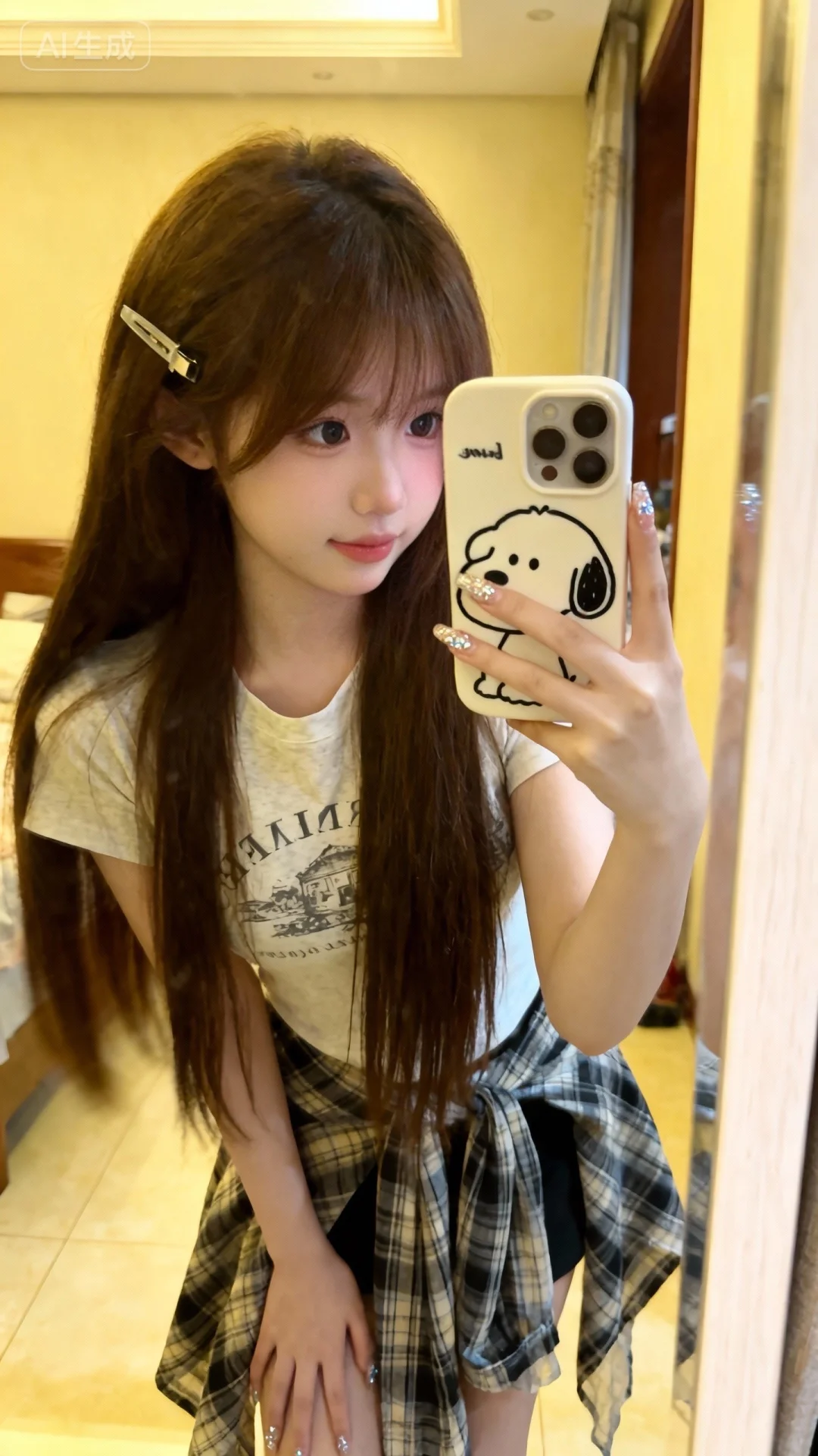 拍摄一张清新写实风格的照片，场景是略显拥挤的房间，落地镜旁有一个长发及...