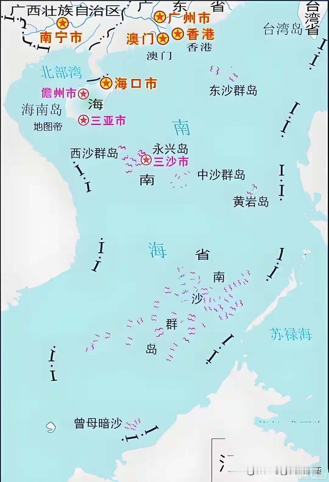 960万平方公里包括海洋与陆地。南海是我国最大的海。南洋之北，台湾广东之南，菲律