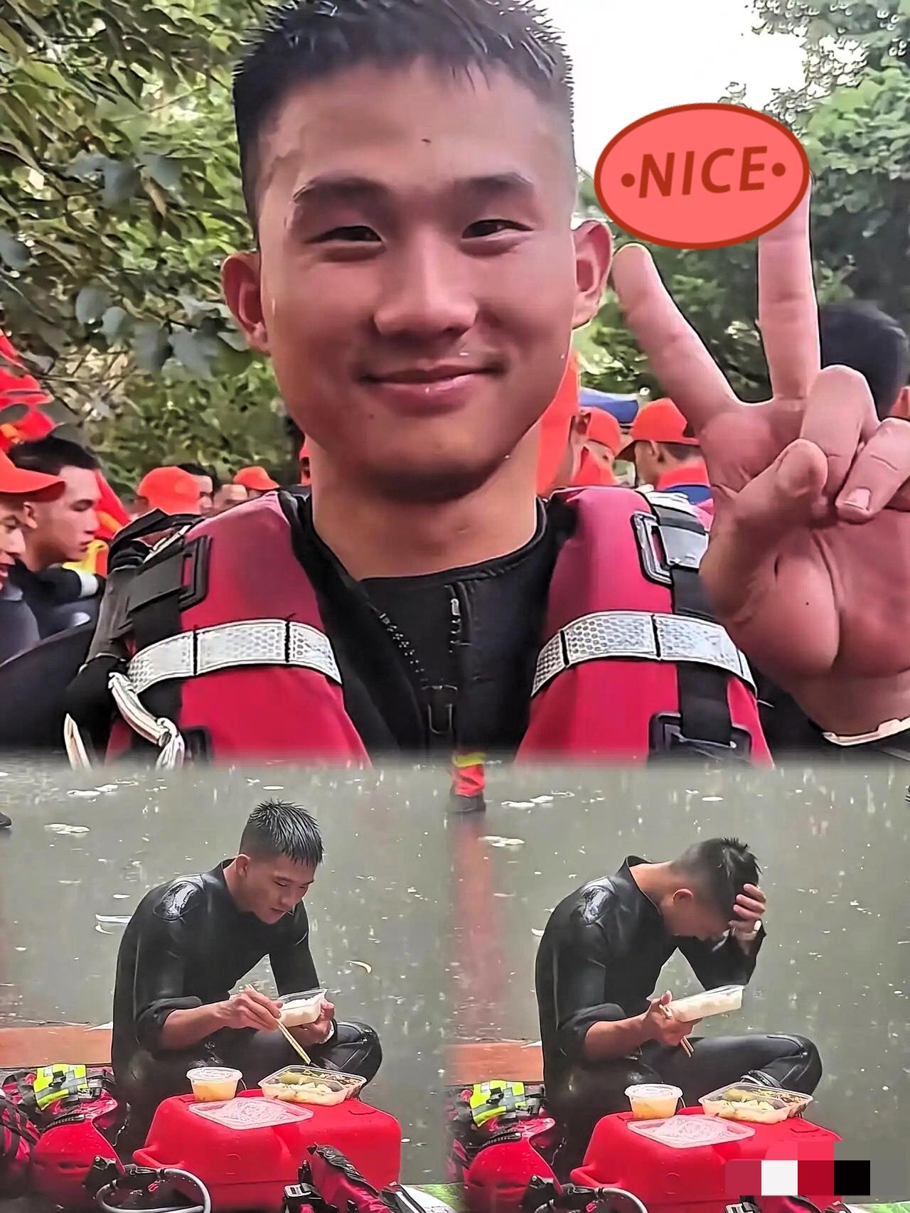 “火遍全网，”

雨中就餐的消防员正脸曝光了，

他叫梁焕，26岁，有着5年水域