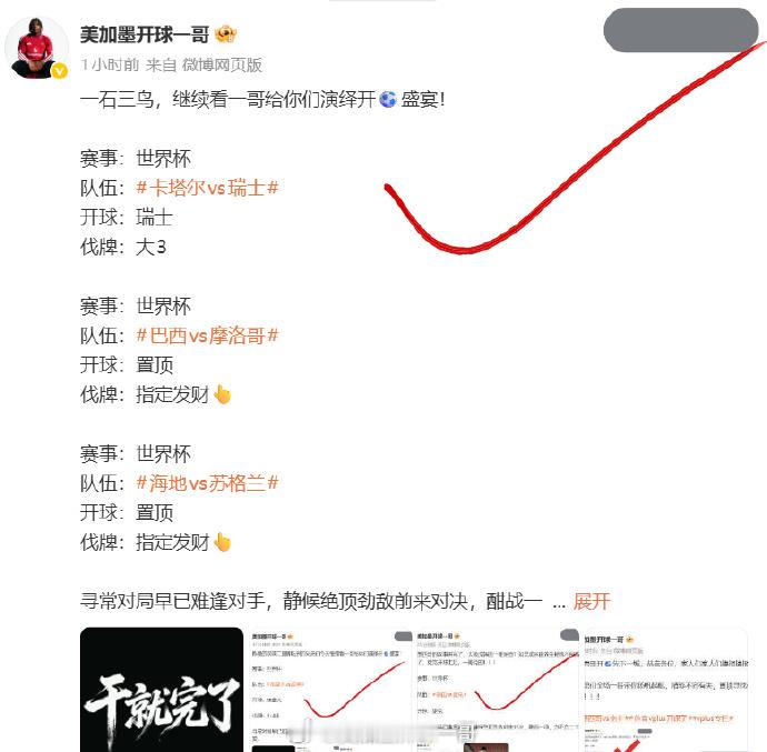 拿下第一场，继续看一哥给你们演绎开⚽️盛宴！赛事：世界杯队伍：巴西vs摩洛哥开球