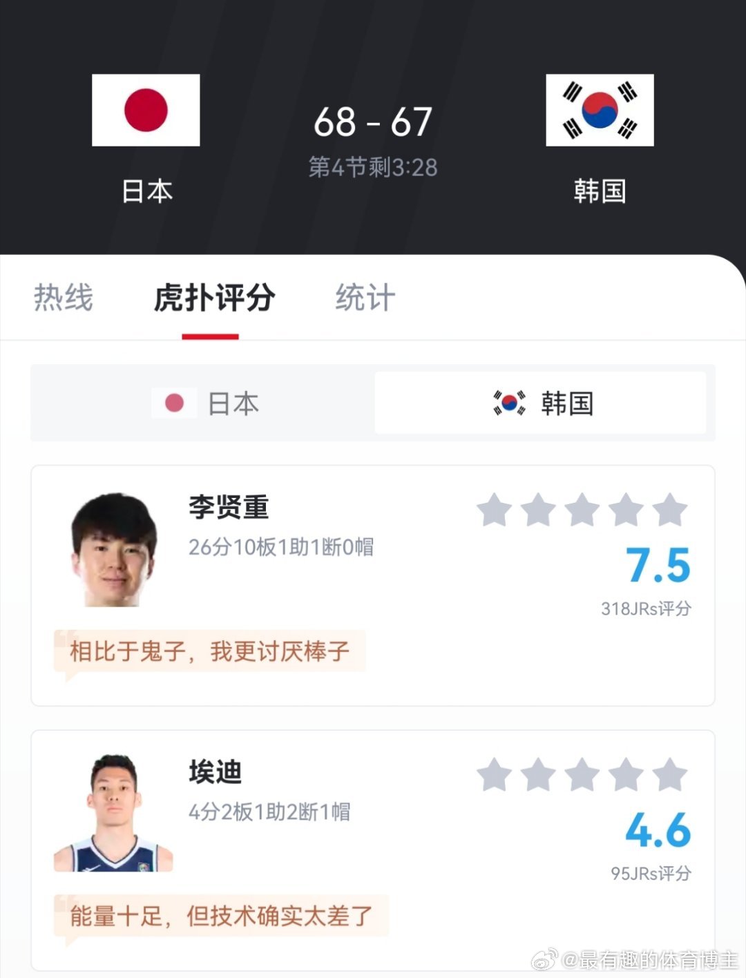 日本男篮和韩国男篮正在打的难舍难分呢，韩国队李贤重得分，日本渡边得分