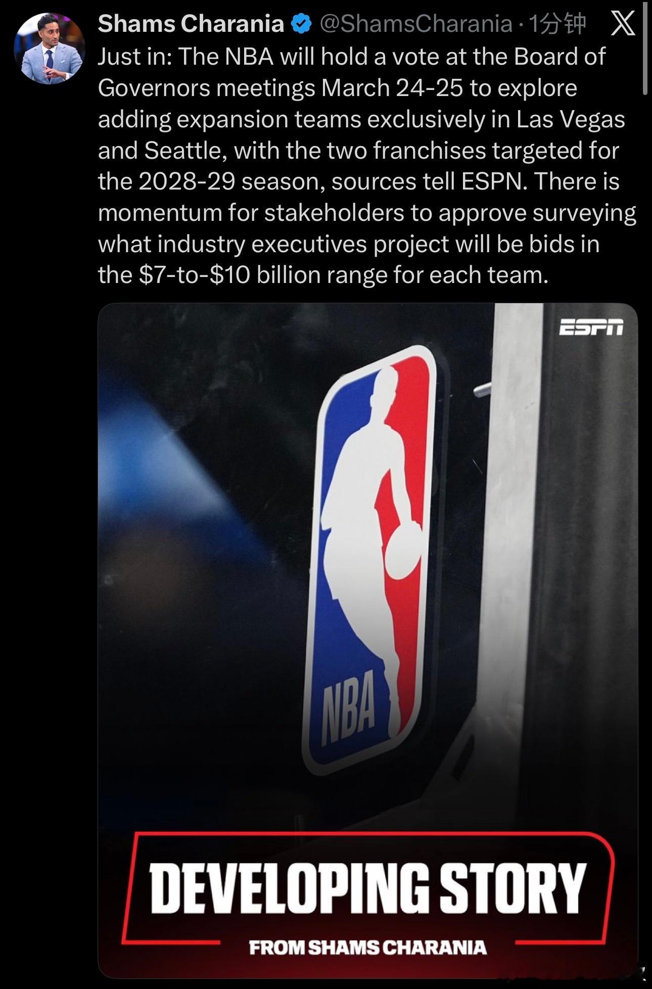 NBA将于3月24日至25日召开理事会会议，就增设拉斯维加斯和西雅图两支球队进行