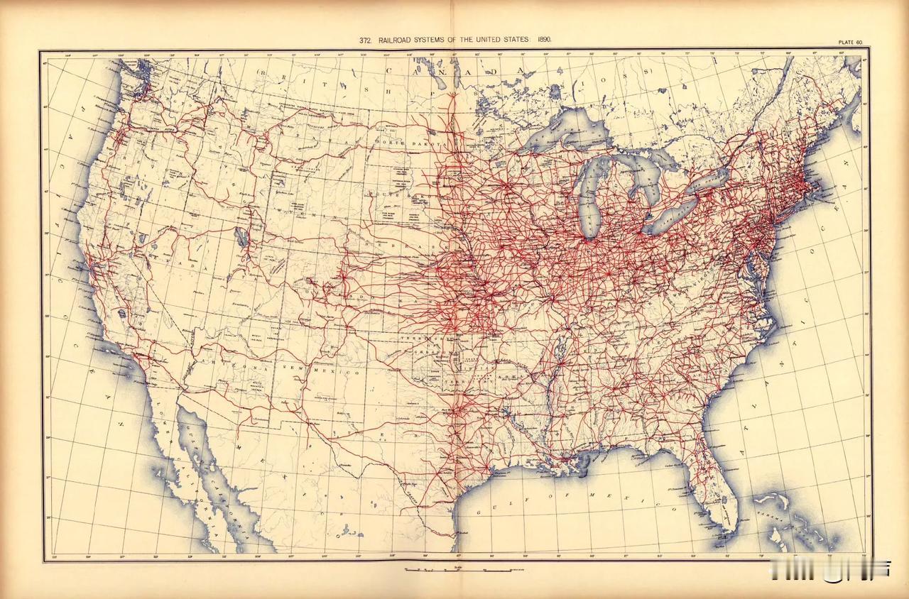 1890年美国的铁路线路图，知道为什么美国的基础设施又旧又破了吗