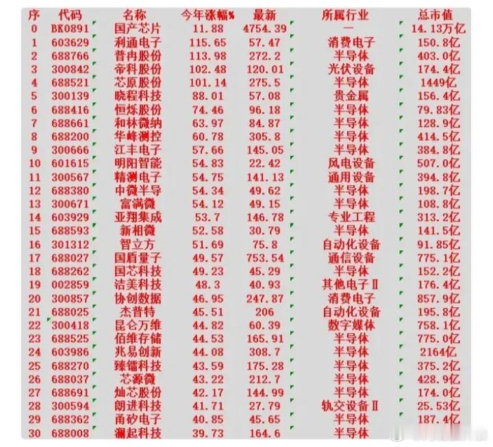 国产芯片概念，今年以来涨幅居前股票 