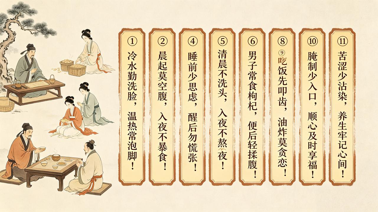 老祖宗留下的养生智慧

①冷水勤洗脸，温热常泡脚！
②晨起莫空腹，入夜不暴食！