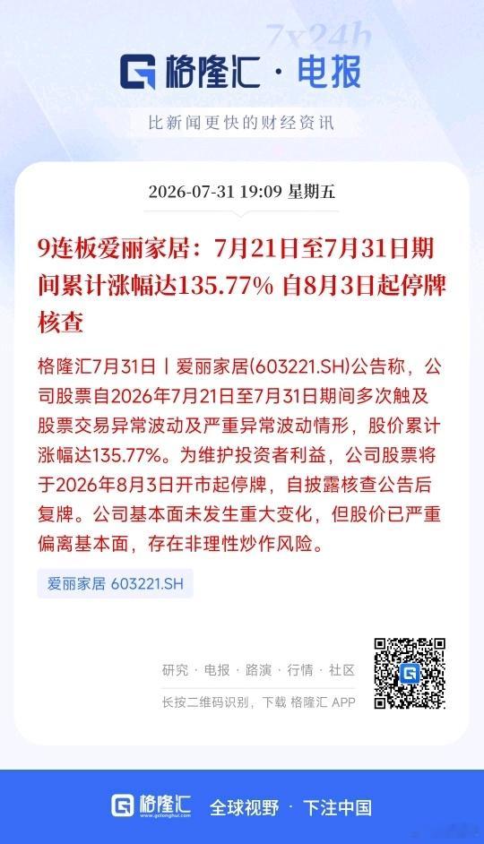 9连板爱丽家居：7月21日至7月31日期间累计涨幅达135.77%自8月3日起停