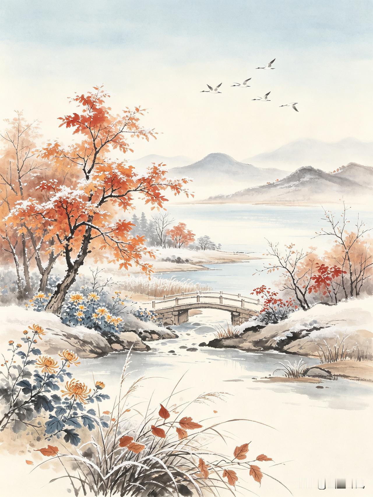 西风摇落满林黄。
丹枫染岫凝霞色，
寒菊依篱抱暗香。
蛩寂深芜收晚响，
鸿横远浦