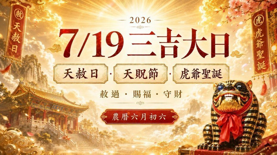 2026年7月19日迎来罕见的「三吉齐聚」大吉日，天赦日、天贶节与虎爷圣诞同日重