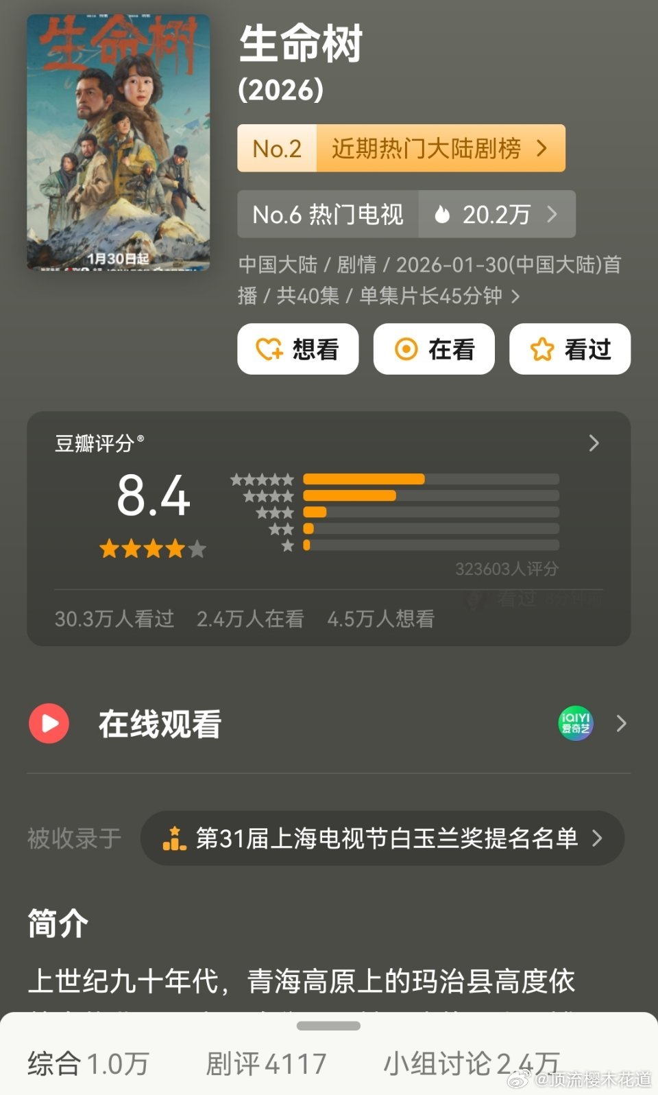 白玉兰提名剧集数据生命树唯一一部豆瓣评分人数破30万分数高于8分的剧集，小组讨论