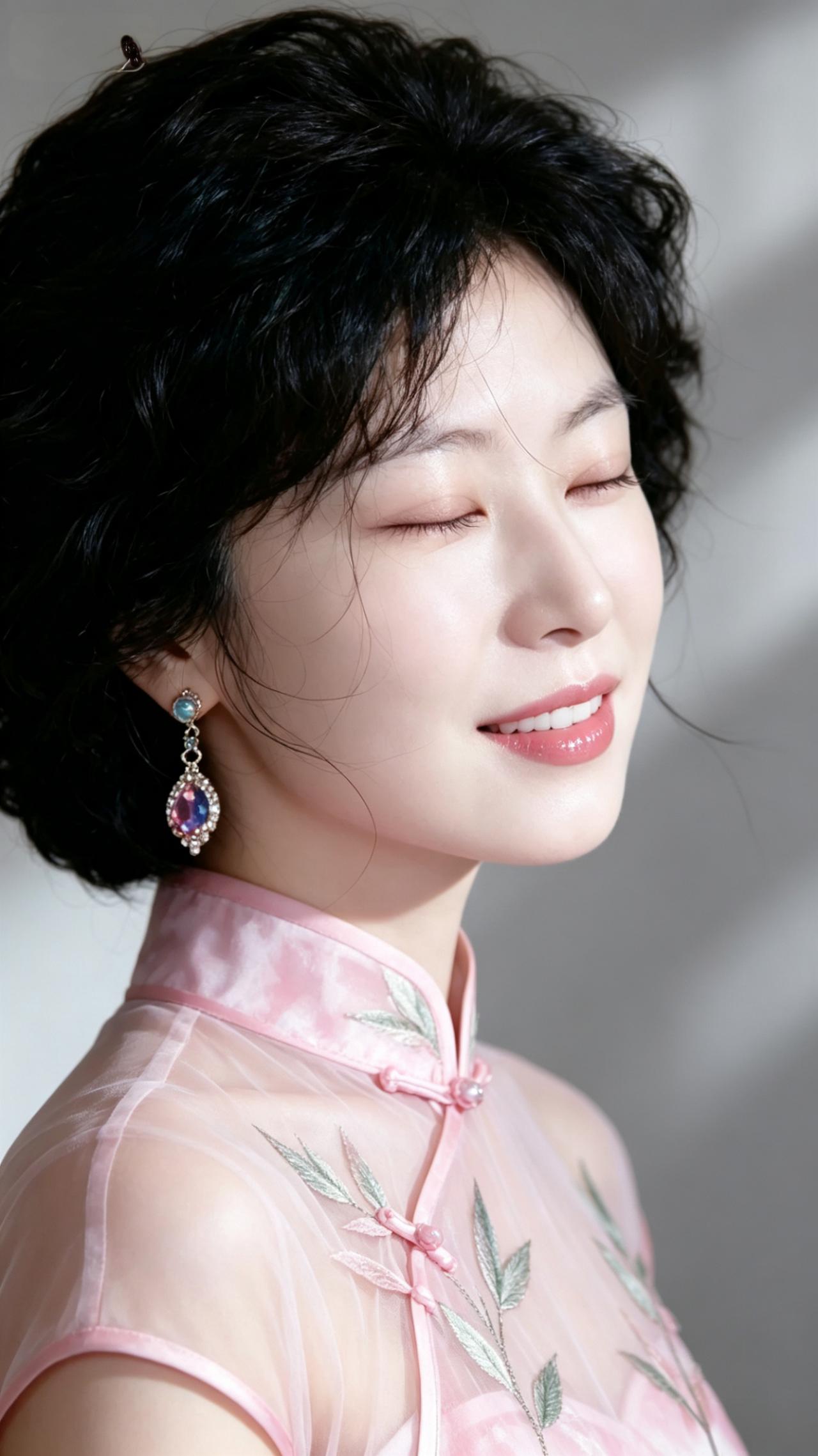 优雅旗袍，东方韵味，闭眼微笑，尽显风情。