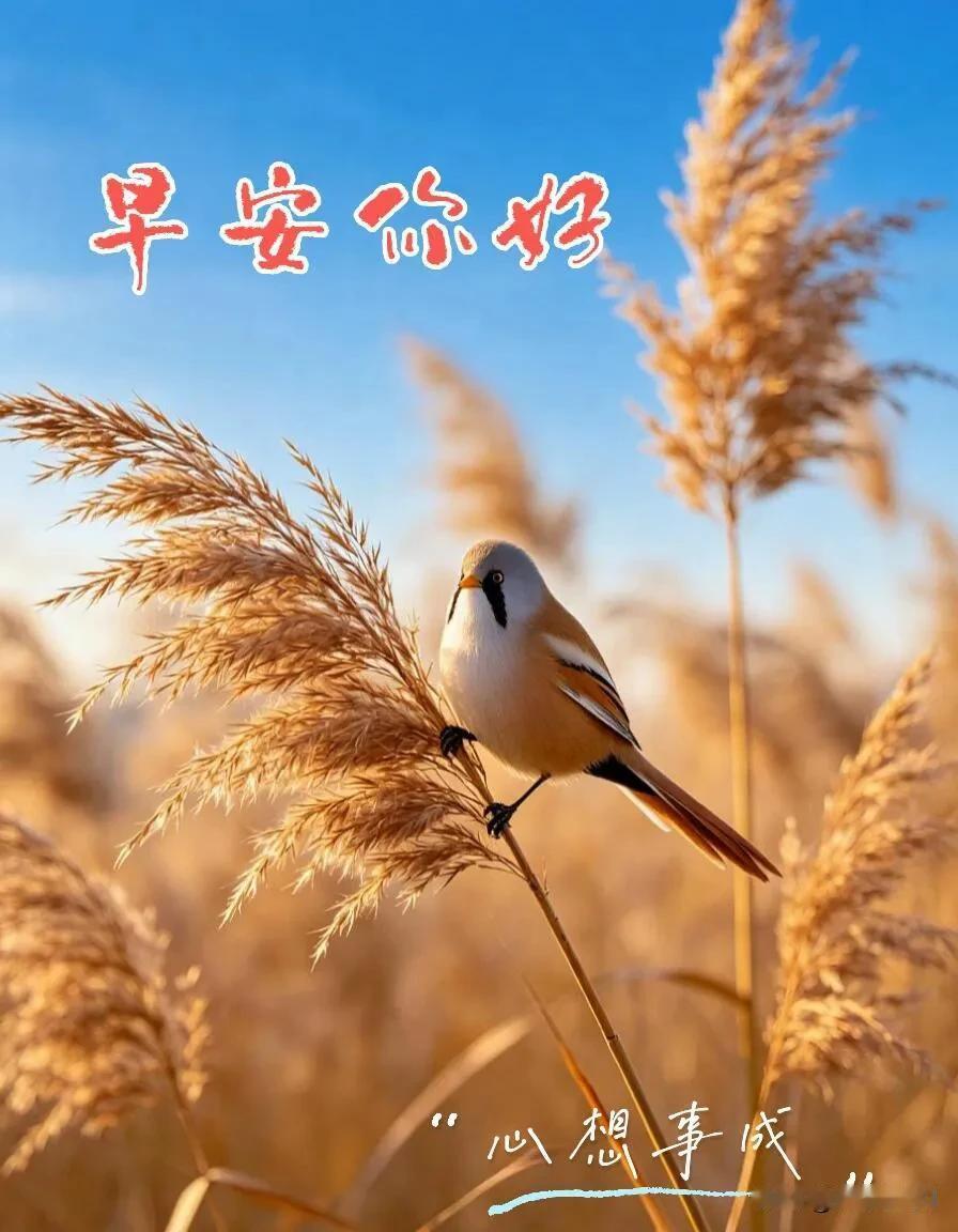 晴空苇穗摇，小鸟报晨晓，早安你好，心想事成