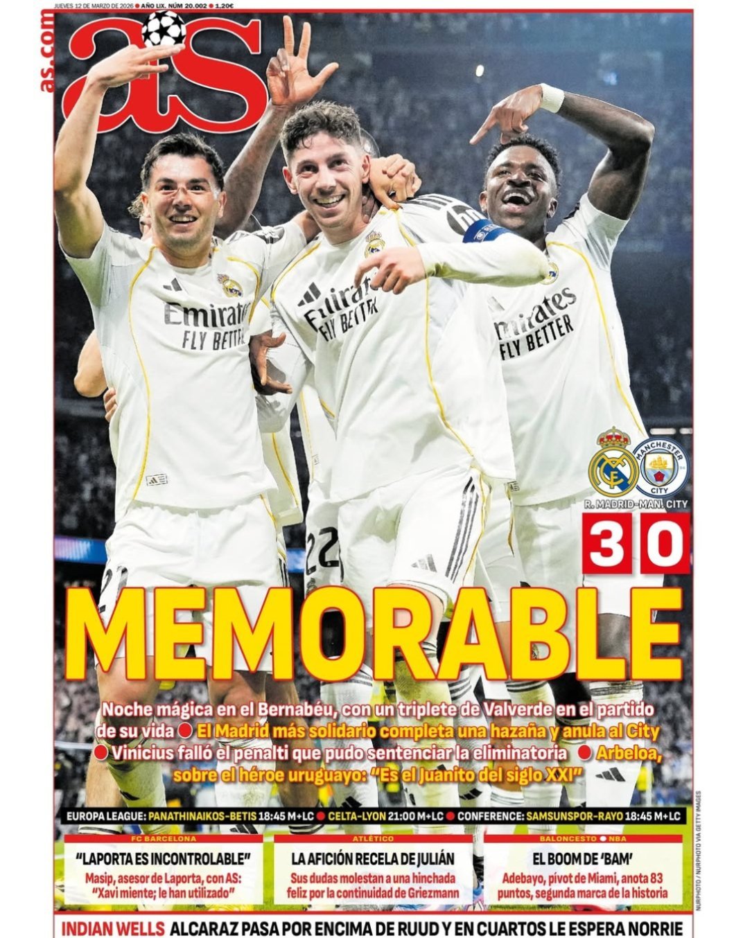 皇马 《阿斯》伯纳乌的魔力夜晚，巴尔韦德帽子戏法最团结的皇马完成了这场英雄壮举，